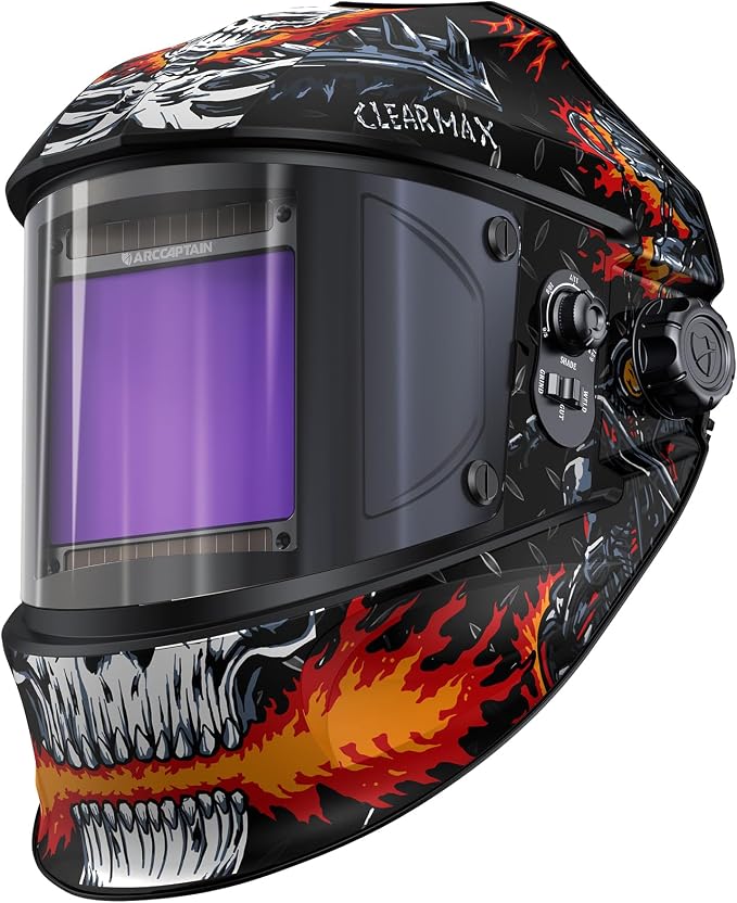 ARCCAPTAIN Large Viewing Screen 3.93"X3.66" Welding Helmet, True Color 1/1/1/1 Solar Power Auto Darkening Welding Hood with 4 Arc Sensor, Wide Shade 4/5-9/9-13 for TIG MIG ARC, Skeleton