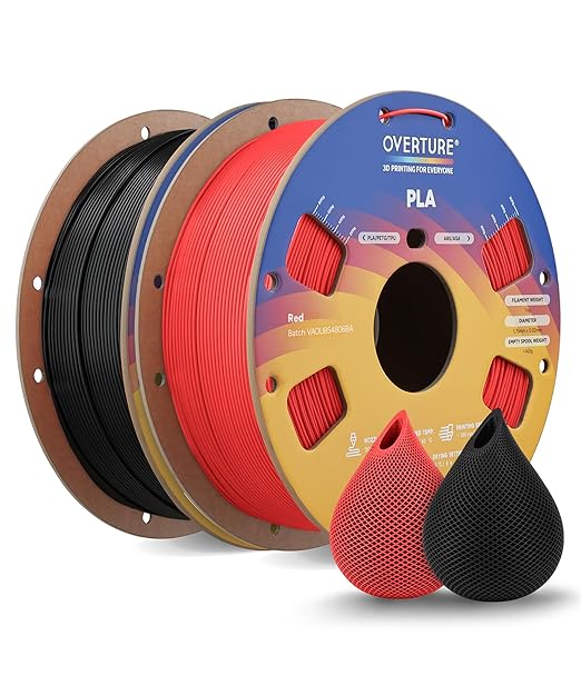 OVERTURE 2KG Bundle High Speed PLA Filament 1.75mm, Neatly Wound 3D Printer Filament 2 Pack 1kg Spool (2.2lbs) Rapid PLA, Fit Most FDM 3D Printers (Red+Black)