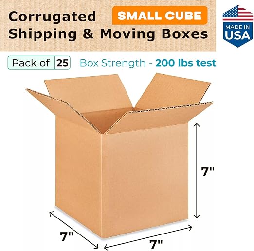 Small Cube Moving & Shipping Boxes 7"L x 7"W x 7"H (25-Pack) - Extra Strength 200 lb vs Regular - USA-Made Corrugated Packing Boxes for Moving - Heavy Duty Moving Box - Packaging Box by IDL Packaging