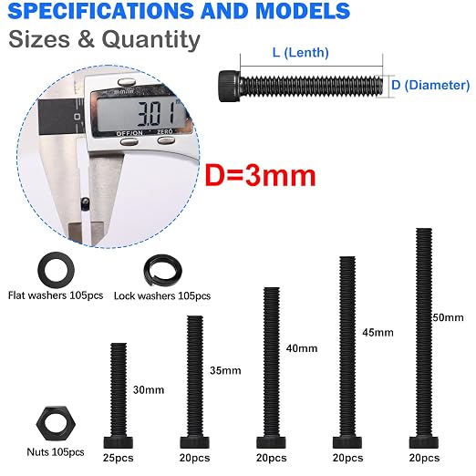 mxuteuk 420PCS M3 Screws,M3x30/35/40/45/50mm Hex Socket Head Cap Screws Bolts Nuts Kit,12.9 Grade Alloy Steel M3 Bolts with Hex Wrench