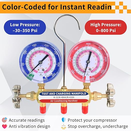 42201 Manifold Gauge Set, 3-1/8" (80mm) Anti Vibration Gauges, 60" Y/R/B Hoses with Compact Ball Valves, 1/4" Fittings, 2 Valve, 6 Dust Plugs, for HVAC Test and Charging of R-22, R-404A, R-410A