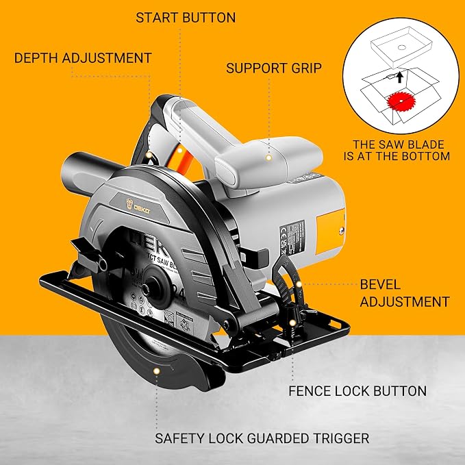 Circular Saw 1200W: DEKOPRO High-Power Saw with 165mm 24T Blade, 4800 RPM, Max Cut Depth 55mm (90°), 33mm (45°), Heavy-Duty Steel Base, Includes Guide Rai, Power Saw for Wood, PVC