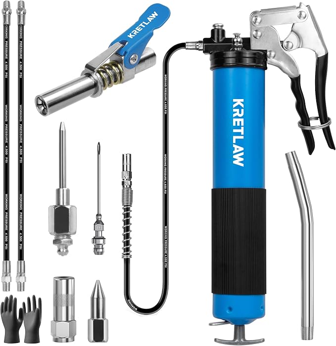 KRETLAW Grease Gun, 7000 PSI Heavy Duty Professional Pistol Grip Grease Gun Kit with Double Grease Injector Needle and 18" & 2pc 12" Flex Hose,14oz