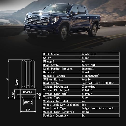 24PCS M14 x 1.5 Black Closed End Wheel Nuts, with 1 Spline Tuner, Compatible with Silverado Suburban Tahoe 99-19, Sierra 99-22, F-150 Expedition 15-17, F-250 F-350 03-16, Ram 1500 2500 12-22