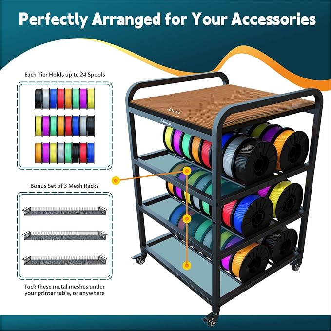 2026 Upgraded AC4 Heavy Duty 3D Printer Table Stand with High Density Polymer Vibration Damping Pads, 4 Tier 3d Filament Storage Rack with Wider Wheels for Home Office, Workshop Studio