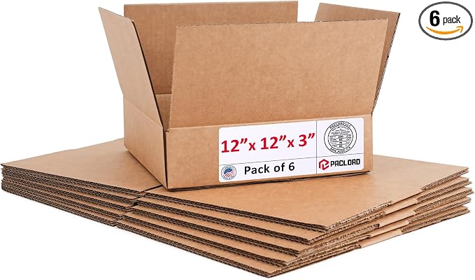 Flat Cardboard Boxes 12"L x 12"W x 3"H (Pack of 6) - USA-Made Packing Boxes for Moving, Shipping, or Storage - USPS, UPS, FedEx Approved - Professional Packing Supplies for Moving | USA-Made Packing Boxes for Moving, Shipping, or Storage - USPS, UPS, F...