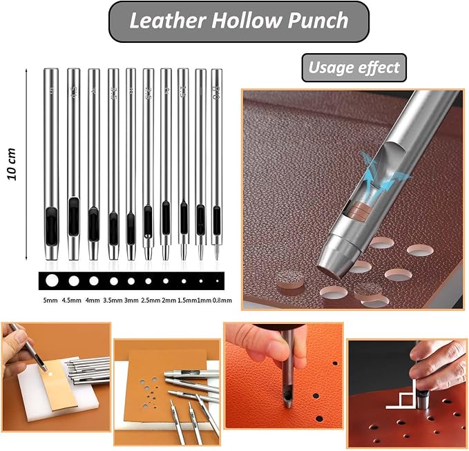 Leather Stitching Hole Punch Tool Set, Carving Hammer 3mm 1/2/4/6 Prong Punch Chisel Round Hole Punch for Belt Watch Band Rubber Leather DIY Crafts