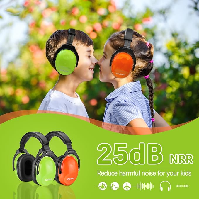 ZOHAN Kids Ear Protection 2 Pack, 25dB NRR Noise Cancelling Headphones for Kids, with Pillowy Pads, for Monster Truck, School, Autism, Sensory, Fireworks, Concerts, Events (Orange+Green)