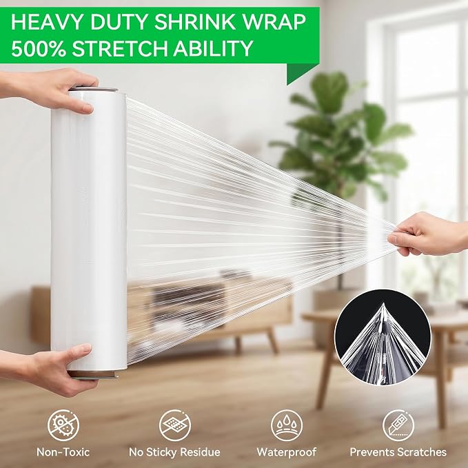 18in Stretch Wrap Roll, Heavy Duty 1500ft Shrink Wrap, 4 Pack with Handle | 80 Gauge, Industrial Strength, Clear Stretch Film, Self-Adhesive, Plastic Wrap for Pallet Wrapping Shipping Moving Furniture