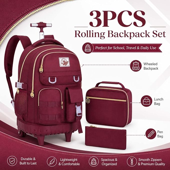 CCJPX Rolling Backpack for Girls, 21 inch Women Roller Wheels School Bookbag, Laptop Wheeled Water Resistant Wheeled Bookbag Set - Red
