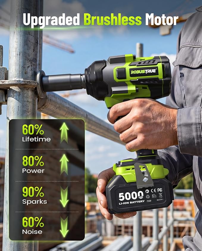 Robustrue Cordless Impact Wrench,1475Ft-lbs (2000N.m) 1/2 High Torque Brushless Impact Gun, 18V Power Impact Driver, 2 * 5000mAh Battery,5 Sockets, Brushless Variable Speeds for Car/Truck RV/Mower