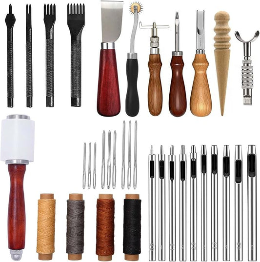 Leather Working Tools, Practical Leather Craft Kit with Carving Sewing Punching Cutting and Other Sanding Tools for Crafting, Repair DIY Projects