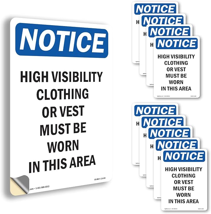 High Visibility Clothing Or Vest OSHA Notice Vinyl Decal Label 10 Inch x 7 Inch - 10 Pack
