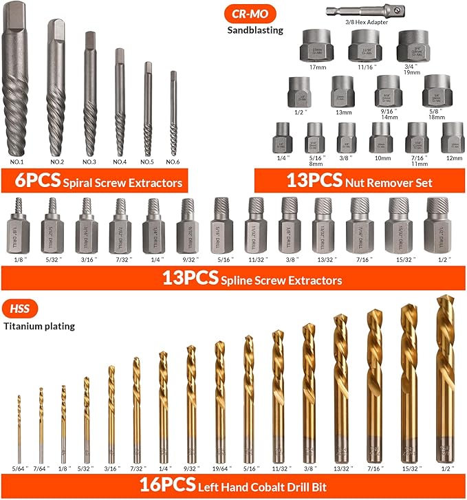 Coobeast 49Pcs Bolt Extractor Kit with Left Hand Drill Bit, Screw Extractor Set Heavy Duty, Bolt Extractor & Reverse Drill Bit Easy Out Damaged Nuts Stripped Screw with Portable Case Great Mens Gift