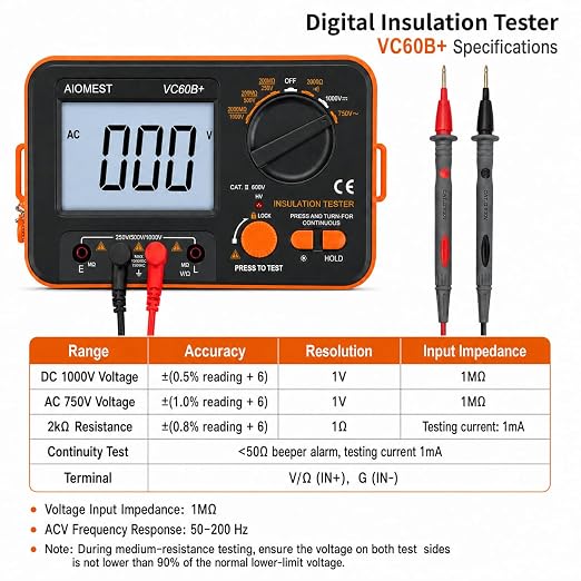 AIOMEST Digital Megohmmeter Megaohm Meter with 250V/500V/1000V Test Voltage Testing Insulation Resistance IR 0.1MΩ~2GΩ, Measure AC DC Volt Ohm, Continuity Tester, Megaohmeter w/Over-Range Indicator