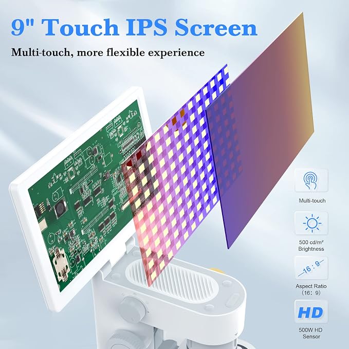 T1 Biological Digital Microscope with 9" IPS Touchscreen, 1600X Optical Objective Lenses, STEM Kids Microscope,Windows/Mac Compatible