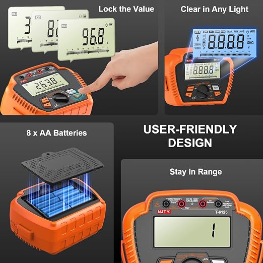 NJTY T6125 Digital Insulation Resistance Tester, 2500V Megohmmeter, 0.01MΩ–200GΩ, AC Voltage (10V-600V), Low Resistance (0.01Ω-60Ω), Data Hold, Over-Range Alarm, Auto Shutdown, Backlit LCD