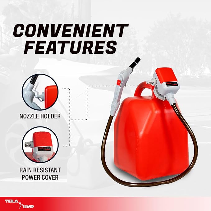 TERA PUMP TRFA03 Universal Gas Can Adapter Battery Powered Fuel Transfer Pump (2.6 GPM) No Spill Sensor, 3.28 ft Vinyl Hose, Power Nozzle, 4 x AA Power