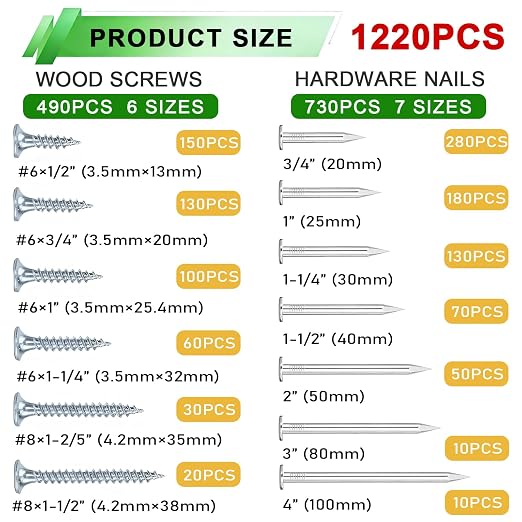 1220Pcs High Hardness Wood Screws & Premium Hardware Nails Assortment Kit, 13 Sizes (1/2''-4''),Phillips Drive Flat Head, Wood Screws, Galvanized, Picture Hanging, Wood, Common Nails with Storage Box