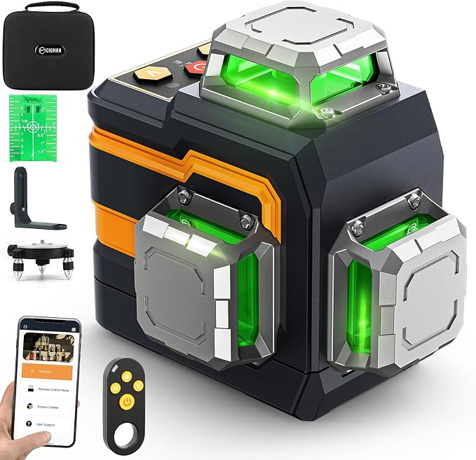 3x360° Laser Level with Remote&APP Control, Green Self Leveling Cross Line Laser for Construction and Picture Hanging, 3D Vertical/Horizontal Line, Magnetic Rotating Stand Included