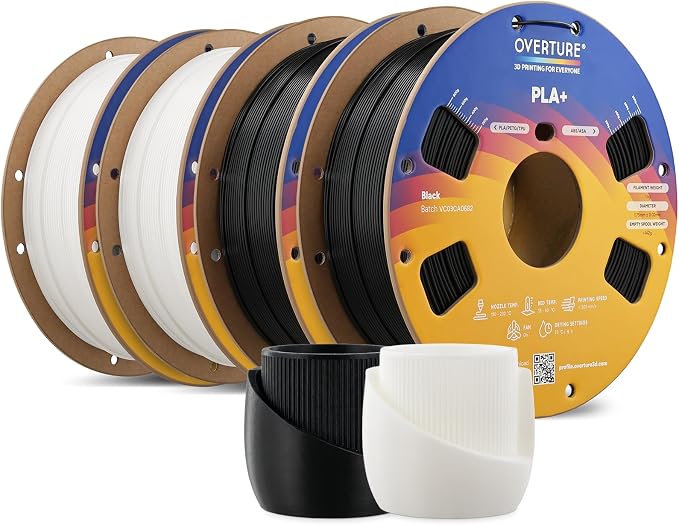 OVERTURE 4KG Bundle High Speed PLA+ 3D Printer Filament 1.75mm, Upgraded Rapid PLA 2.0 with Enhanced Toughness & Stability, 4 Pack 1kg Spool (2.2lbs) Fit Most FDM 3D Printers (Black*2+White*2)
