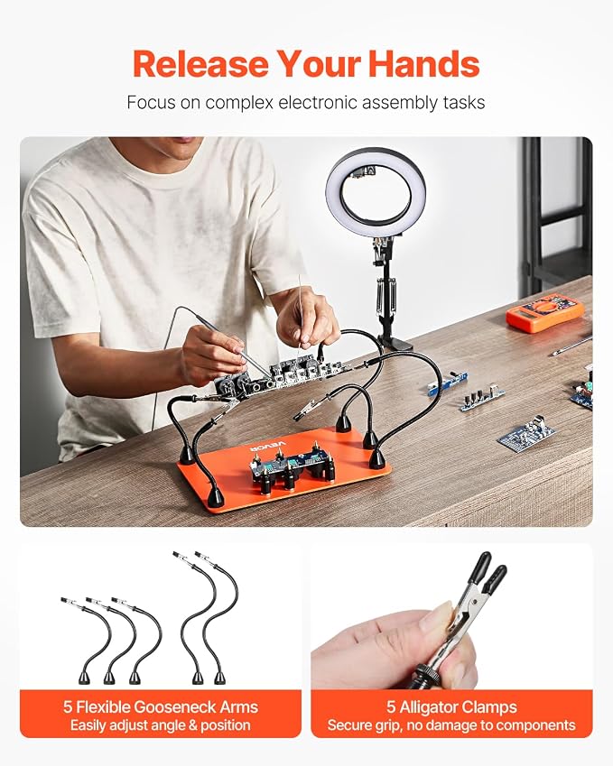 VEVOR Magnetic Helping Hands Soldering Station, 2-In-1 Third Hand Soldering Tool - 3X LED Magnifying Lamp & 5 Flexible Arms, 6 PCB Holders, Heavy-Duty Base Station for Electronic Repair Craft Hobby