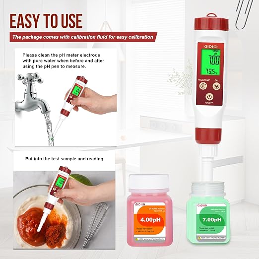 YINMIK Digital pH Meter for Food Fermentation with pH Calibration Solution | Spear Tip Food pH Tester Fermentation, Hot Sauce Canning, Cheese Cooking Sourdough Bread, Water Resistant, Solid and Water