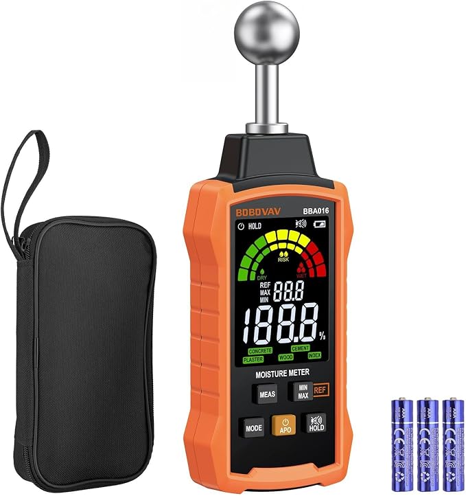 Moisture Meter with Ball Probe, 5–40mm Detection, 5 Modes, 3-Color Display with Sound Alarm, REF Function & Data Hold – Pinless Moisture Meter for Wood, Walls, Floors, Concrete & Cement