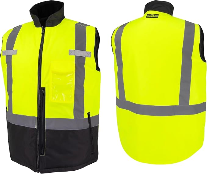 Radians SJV41B Unisex Class 2 High Visibility Reversible Insulated Safety Vest with Color Blocking, Green/Black, Size XL