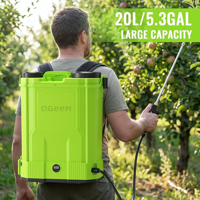 5.3 Gallon Battery Powered Backpack Sprayer,QGeeM 100 PSI 20L Electric Graden Sprayer Work,Weed Yard Sprayers with 21V Strong Battery,8 Nozzles,Telescopic Wand,2.6Ah Battery and Chargers Included