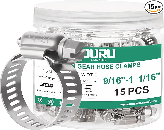 OURU 15PCS Hose Clamps Stainless Steel Adjustable 9/16"– 1-1/16"(14-27mm) Worm Gear Hose Clamp, Heavy Duty Metal Small Hose Clamps for Automotive, Pipe, Radiator Plumbing, Fuel Line
