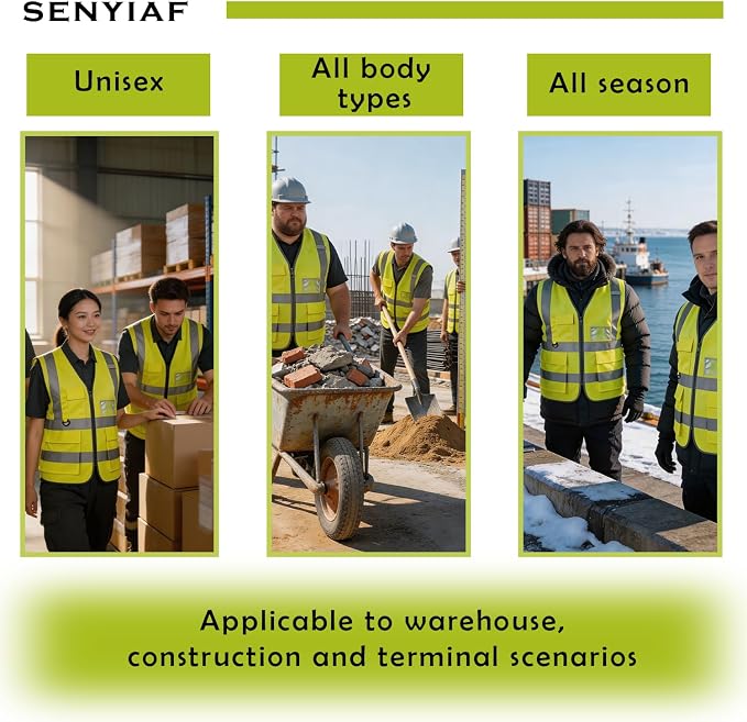 12 Pack Hi Vis Reflective Safety Vest Multi Pockets & Zipper Class2 | Construction Work Vest for Men and Women,Warehouse Crews,Road Workers,Volunteers,Security,Baggage Handling,Survey,Airport