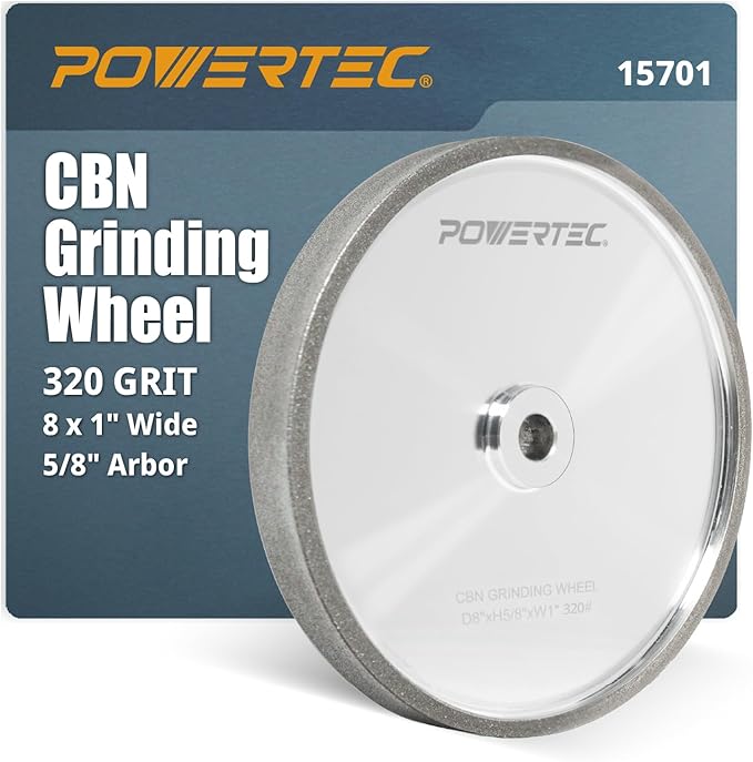 POWERTEC CBN Grinding Wheel 8 Inch 320 Grit, Bench Grinder Wheel for Sharpening HSS Tools, Lathe Tools & Chisel Set, 8" x 1" Wide, 5/8" Arbor Bench Grinder Wheels for Bench Grinder, 1 PK (15701)