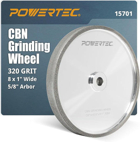POWERTEC CBN Grinding Wheel 8 Inch 320 Grit, Bench Grinder Wheel for Sharpening HSS Tools, Lathe Tools & Chisel Set, 8" x 1" Wide, 5/8" Arbor Bench Grinder Wheels for Bench Grinder, 1 PK (15701)