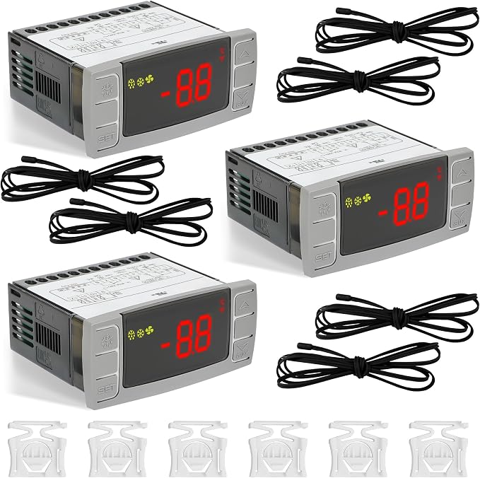 Replacement for Dixell XR06CX-4N1F1 Temperature Controllers, Ideal for 120V 50-60hz Commercial Refrigerators/Freezer, Digital Thermostat with Sensor Probe & Mounting Hardware-3 Pack