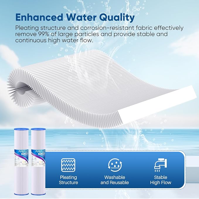 PUREPLUS 50 Micron 20" x 4.5" Whole House Pleated Sediment Filter for Well Water, Replacement Cartridge for ECP20-20BB, AP810-2, SPC-45-2020, R30-20BB, HDC3001, ECP5-20BB, 2Pack