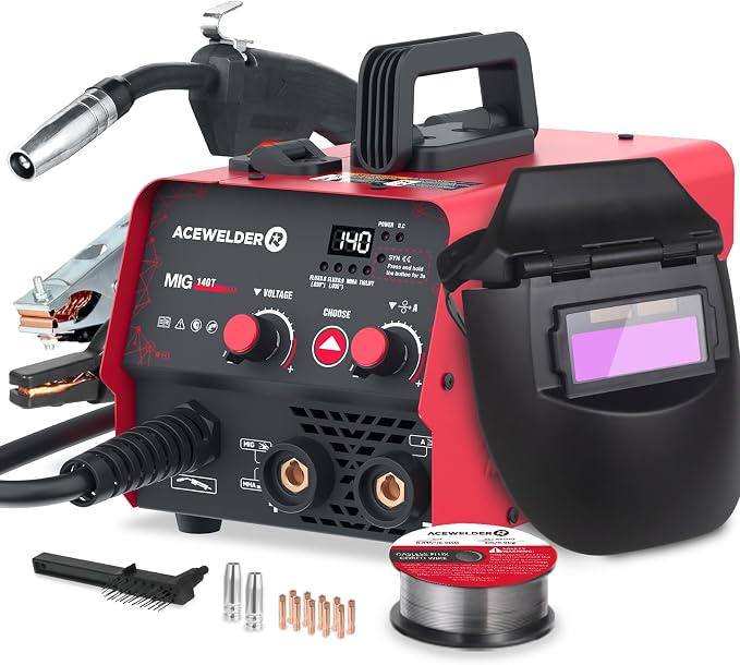 ACEWELDER 140A Gasless Flux Core MIG Welder/Lift TIG/Stick 3 in 1 Welding Machine 110V Portable IGBT Inverter Synergy Welder Machine with Helmet (red)