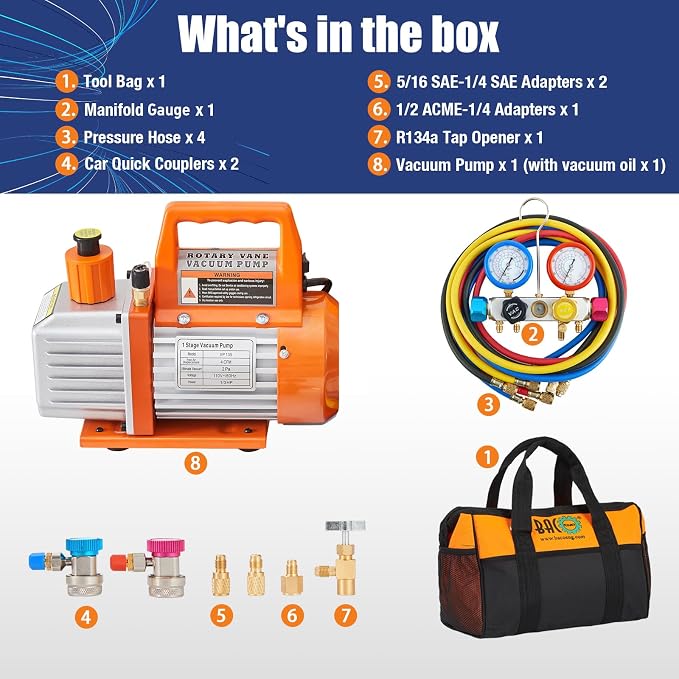 BACOENG 4CFM AC Vacuum Pump and Gauge Set, 4 Way HVAC Vacuum Pump Kit for R134a R410a R22 Refrigerants AUTO/Mini Split Vacuum System, with R134a Car Quick Couplers, Can Tap and 4 Hoses