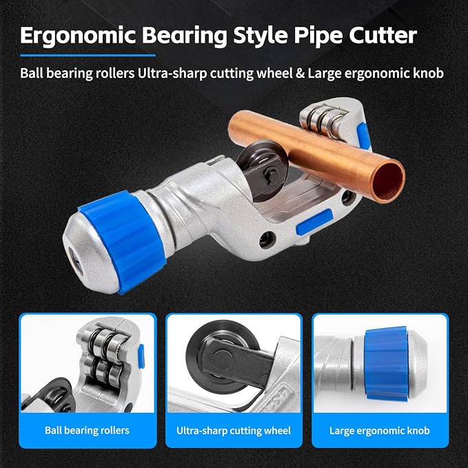 Brake Line Flaring Tool Kit Pipe Expander Set 1/4" - 3/4" Tubing Pipe Flare Tool HVAC 45° Eccentric Cone Type Flaring Tool with Pipe Cutter for Brass Copper Aluminum Pipes Refrigeration (5 in 1 Kit)