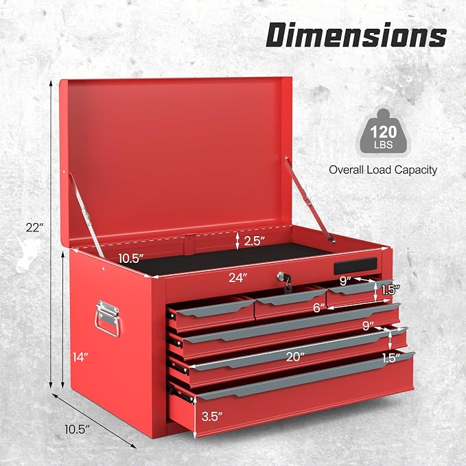 Large Metal Tool Box, ARNOT Tool Box with 6 Drawers & Top Tray, Heavy-Duty Steel Tool Chest with Auto-Locking Drawers and Side Handles for Garage & Workbench, Black (Red)