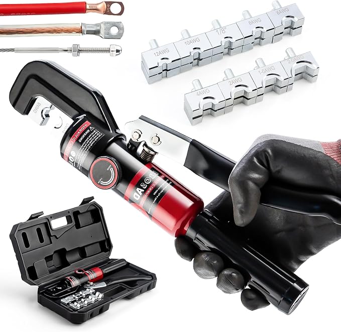 Hydraulic Crimping Tool with 9 Dies - Battery Cable Crimper Tool & Wire Rope Crimping Tool with 12 to 2/0 AWG for cable lug, 1/16" 1/8" 3/16" for Stainless Steel Cable Railing Tool
