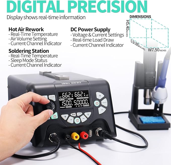 YIHUA 853D 5A-II 3 in 1 Hot Air Rework Soldering Iron Station and DC Power Supply 30V 5A -°F /°C Multiple Functions