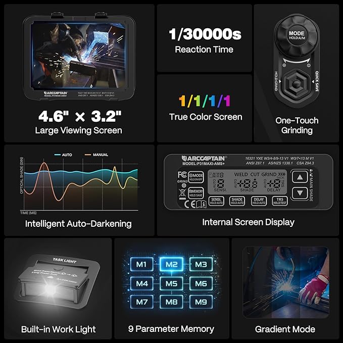 ARCCAPTAIN Intelligent Welding Helmet, 4.6" x 3.2" Large Viewing Screen Auto-Shade Welding Hood with Internal Display, True Color 1/1/1/1, 1/30000s Response, Memory & Gradient, Built-in LED Light