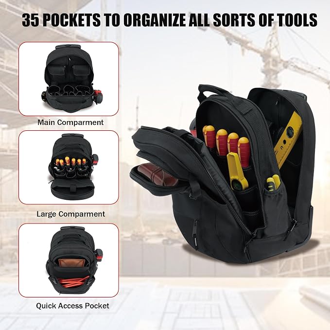 MELOTOUGH Rolling Tool Bag with Telescoping Handle 35 Pockets Wheeled Electrician Backpack Tool Bag For Men,Water Resistant Tool Storage Organizer Including Laptop Sleeve(BLK)