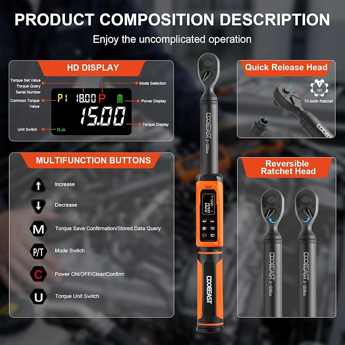 coobeast 3/8 Digital Torque Wrench,Adjustable Electric Torque Wrench Tool Set with Preset Value(1.5-99.5 Ft-lbs./2-135 Nm),with Buzzer and LED Alert, Portable Wrenches Set for Bike Motorcycle(Black)