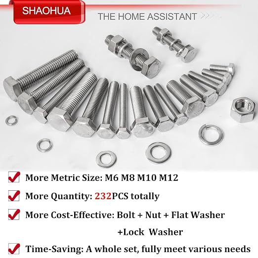 M6 M8 M10 M12 Metric Bolts and Nuts Assortment Kit 16mm to 60mm 304 Stainless Steel Hex Head Nuts Bolts Washers Assortment 15 Metric Size Nuts and Bolts Assortment Kit w/Storage Case, 232PCS, SHAOHUA