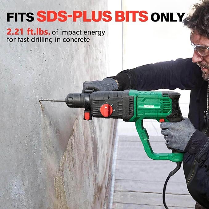 1" SDS-Plus Lightweight Concrete Rotary Hammer Drill w/ 1/2" Adapter | 9 Amp Corded Electric 7.2 Lbs 4 Functions & Reverse Variable Speed Safety Clutch Rotomartillo w/ 3 Drill Bits 2 Chisels Case