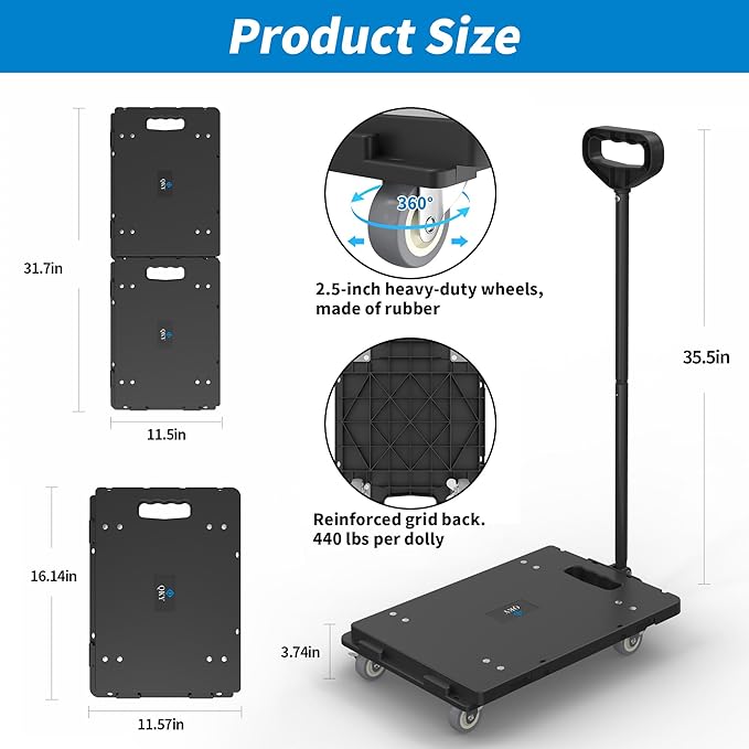 Furniture Dolly with Removable Pull Handle, Maximum Load 880LBS, Connectable Heavy Duty Moving Dolly Cart, 4 Wheel Flat Dolly with 2.5in 360° Rotatable Rubber Wheels for Home Garage Black 2Pack
