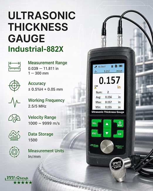 Ultrasonic Thickness Gauge Industrial-882X / Steel, Metals, Plastic, Glass, PVC, Pipes Thickness Gauge Meter – Range 0.039 to 11.811 inch (1-300mm) | Color LCD