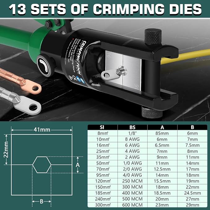 Hydraulic Crimping Tool, 16 Tons Hydraulic Wire Crimping Tool Kit with Cable Cutter and 13 Pairs of Dies, 12 AWG to 600 MCM, Wire Rope Crimping Tool for Battery Cable Ends Ring Terminals Green